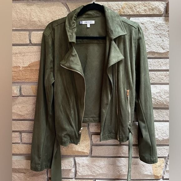 JLO Jennifer Lopez Faux Suede Belted Moto Jacket Olive Green Large NWOT - Picture 2 of 7